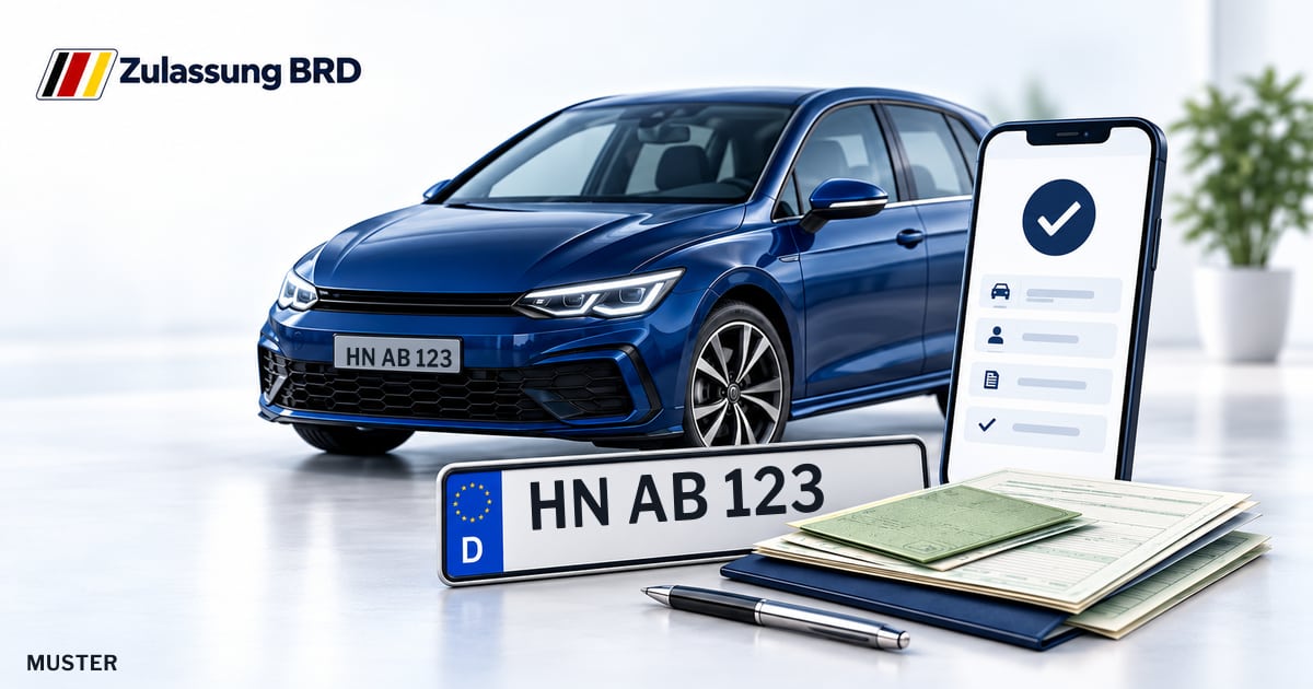 Online Fahrzeugzulassung in Schwaigern: Musterkennzeichen HN AB 123, Auto und Fahrzeugpapiere und Smartphone. Illustration mit Logo von Zulassung BRD.